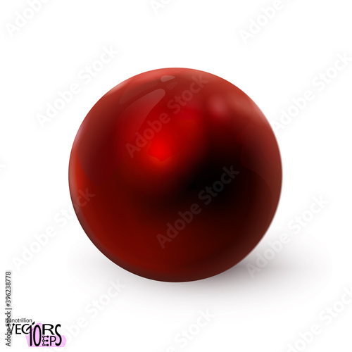 Red sphere glossy realistic isolated on white background. Delicious polished ball. Mock up of clean round object, glass orb icon. Geometric design simple shape, smooth form. Vector illustration.