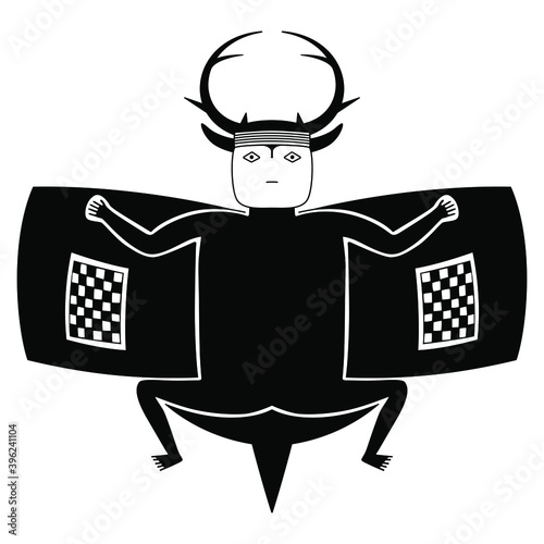 Mimbres pottery motif. Fantastic creature with antlers. Ancient tribal art of Native American Mogollon Indians. Black and white silhouette. photo