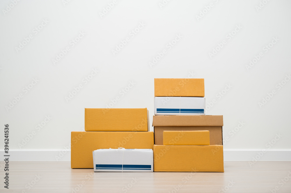 Stacking of box parcel cardboard mock up on blank space white background.