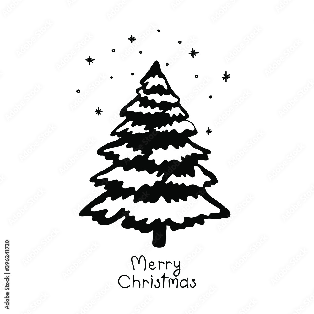Vector greeting card for Christmas with  christmas tree and hand drawn lettering.