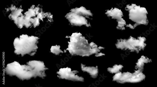 Collection of fog, white clouds or haze For designs isolated on black background
