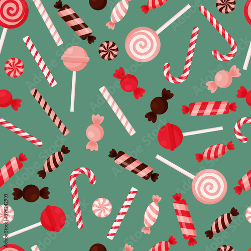 seamless pattern with sweets: lollipops, candies, cane, chocolates