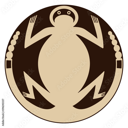 Fantastic stylized frog or toad. Round ethnic animal decor. Native American Mimbres pottery motif.