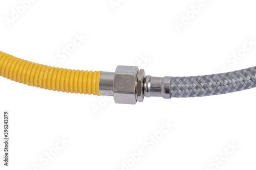 Yellow gas hose connected to flexible water hose. Example of incorrect connection. Isolated on a white background.