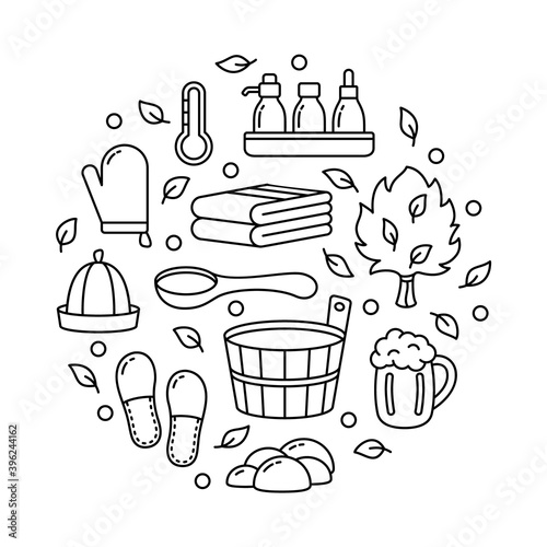 Sauna or bath set, graphic round template for spa emblem, label, print, poster. Black line art illustration of wooden tub, ladle, hat, broom, beer mug, brush. Contour isolated vector, white background