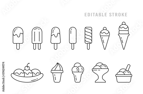 Ice cream set. Linear icon of different types. Eskimo pie, popsicle, waffle cone, ice lolly, banana split, twister, bowl. Black simple illustration. Contour isolated vector pictogram, editable stroke