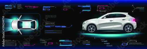 Car user interface HUD, GUI, UI. Virtual graphical interface. Holographic panel with car with city electric car. Car with options and settings. Vector car