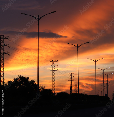 Silhouette of street light switched on and trees over a road at golden sunset  time