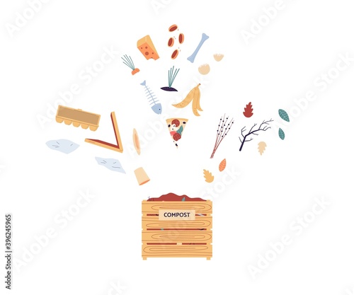 Compost wooden box with food organic waste, flat vector illustration isolated.