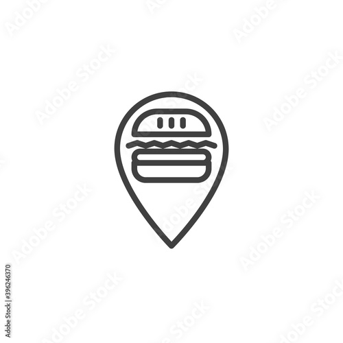 Map marker with Burger line icon. linear style sign for mobile concept and web design. Fast food delivery location outline vector icon. Symbol, logo illustration. Vector graphics