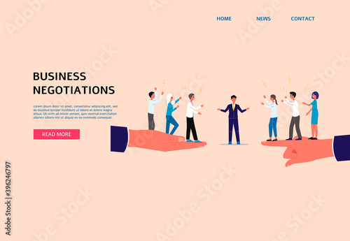 Mediation in business negotiations web banner flat vector illustration.