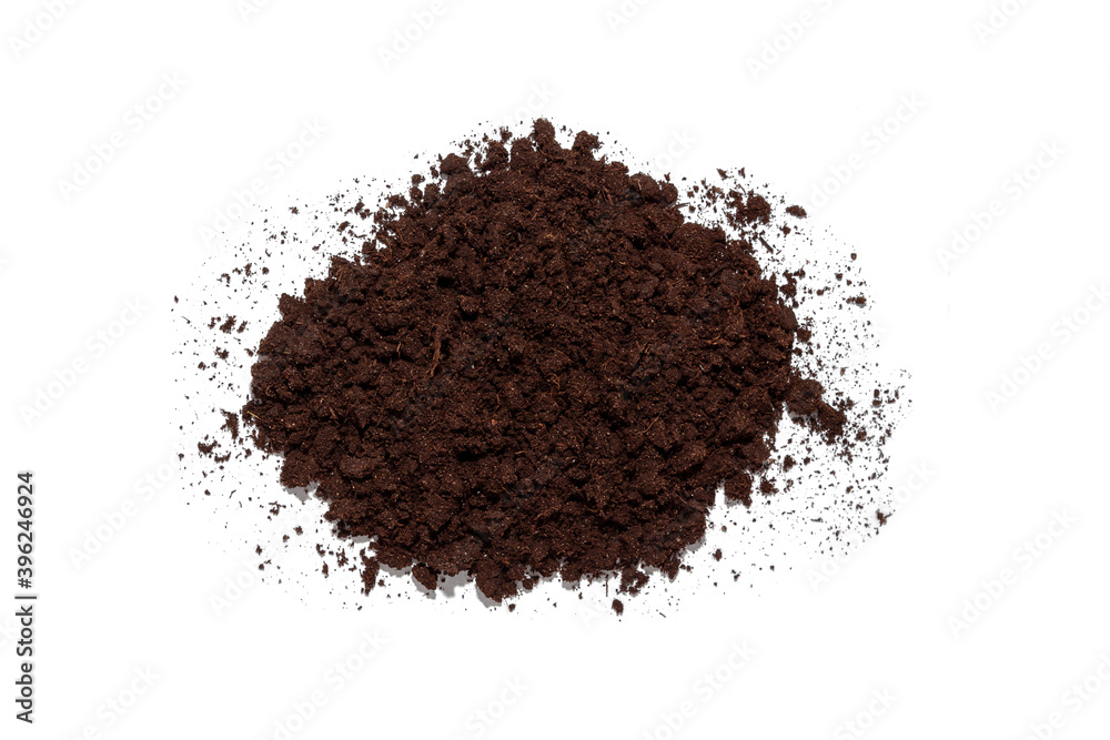 A handful of black land or soil isolated on white background. Top view. Close up A handful of black land or soil isolated on white background. Top view. Close up
