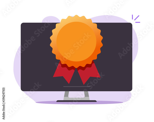Certified online digital service concept vector, idea of computer challenge winner champion, guarantee medal icon, web internet recommended reward trophy, quality prize modern design