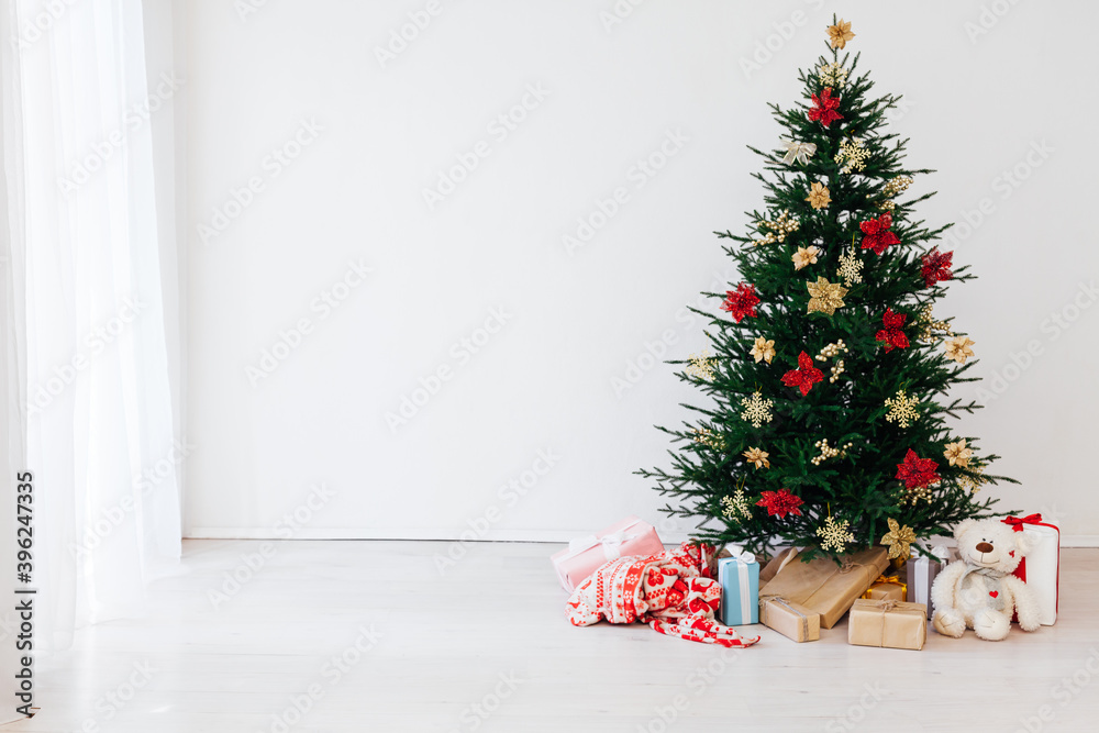Winter Christmas tree pine with gifts decor interior new year