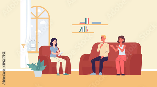Couple visits psychologist for family psychotherapy, flat vector illustration.