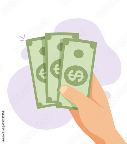 Hand holding money paper vector flat cartoon illustration, person giving dollar cash isolated, idea of salary earnings, deal profit, change modern design