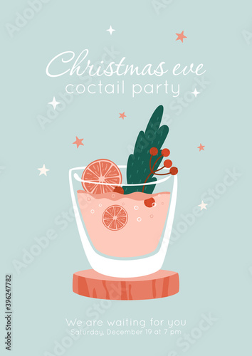 Christmas eve cocktail party invitation concept. Glass of pink drink with orange, berries branch and pine leaf decor. Luxury and elegant design card, poster for restaurant, bar, home gatherings
