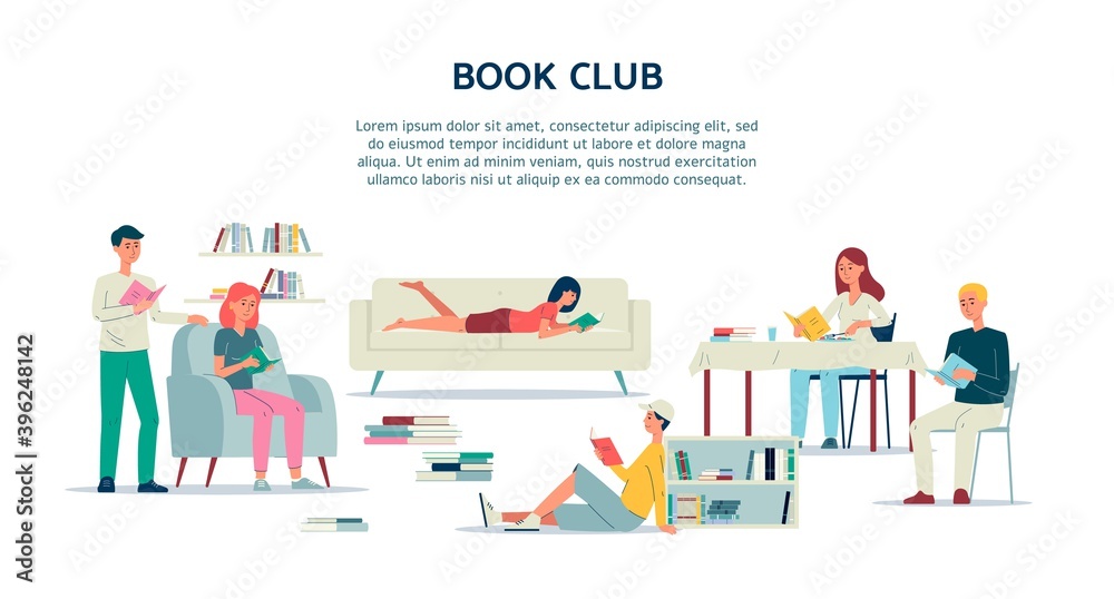 Book club banner template with readers characters, flat vector illustration.