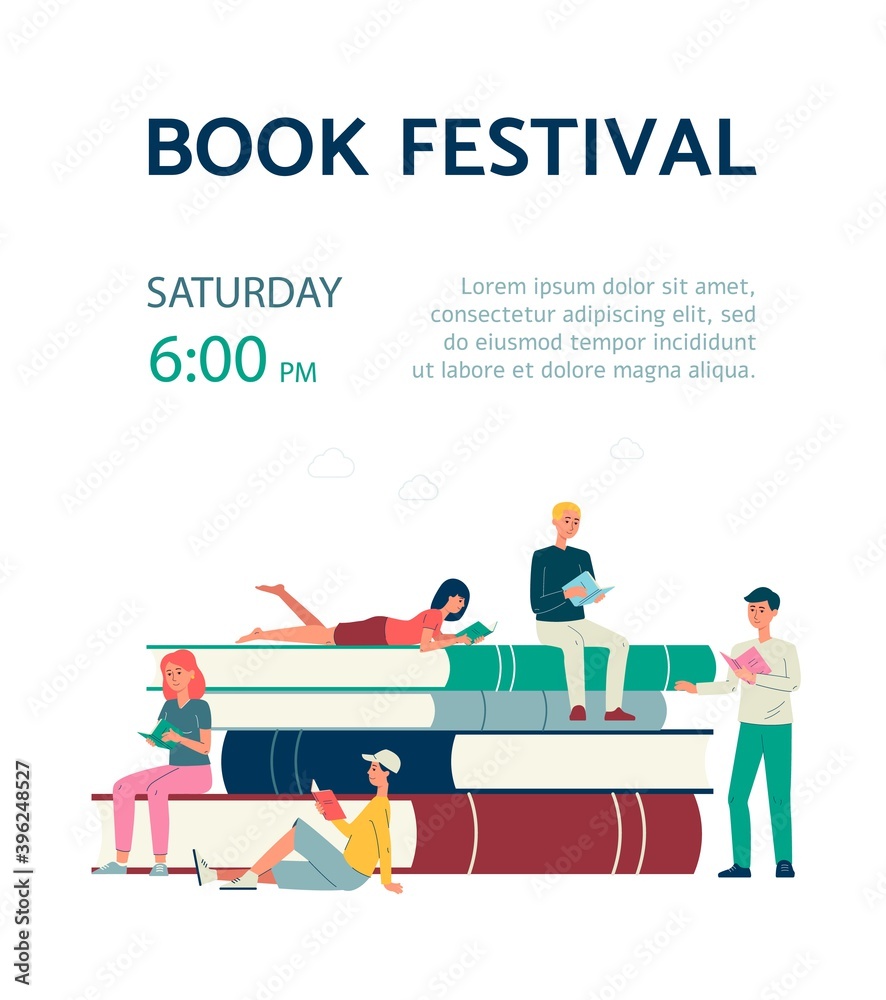 Book festival poster with people reading books flat vector illustration.