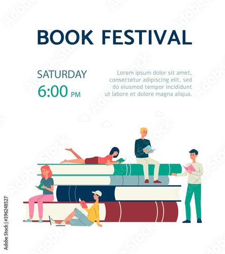Book festival poster with people reading books flat vector illustration.