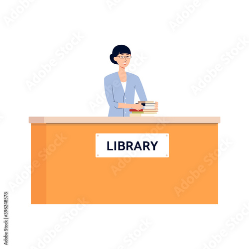 Female librarian near a desk with books vector isolated illustration.