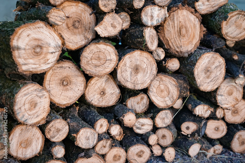 Stack of fire wood prepared for winter outdoors  closeup