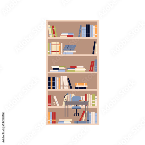 Flat isolated vector illustration of a bookcase and a desk with a table lamp