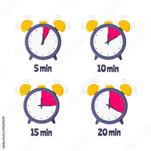 Minutes countdown on analog clock face flat style design vector illustration icon sign set isolated on white background. Analogue wall clock minutes time management business concept.