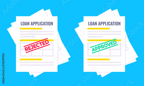Rejected and approved credit or loan forms set with claim form on it, paper sheets isolated on blue background flat style vector illustration. Concept of fill out online application form