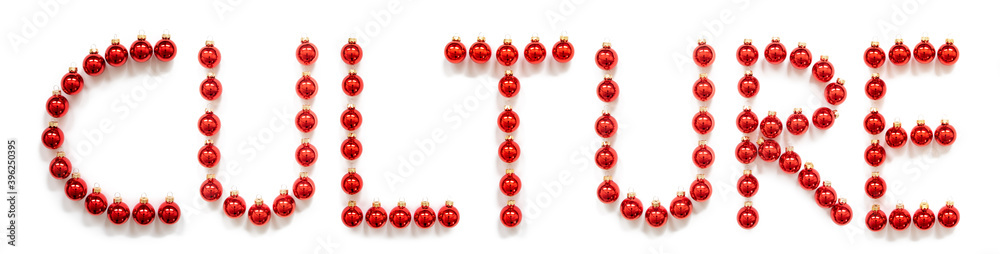 Red Christmas Ball Ornament Building English Word Culture. Festive Christmas Decoration. White Isolated Background Red Christmas Ball Ornament Building English Word Culture. Festive Christmas Decoration. White Isolated Background