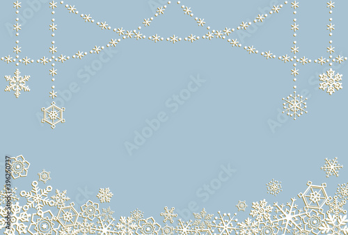 白とゴールドの雪の結晶が重なった豪華なフレームのベクターイラスト　ブルー背景