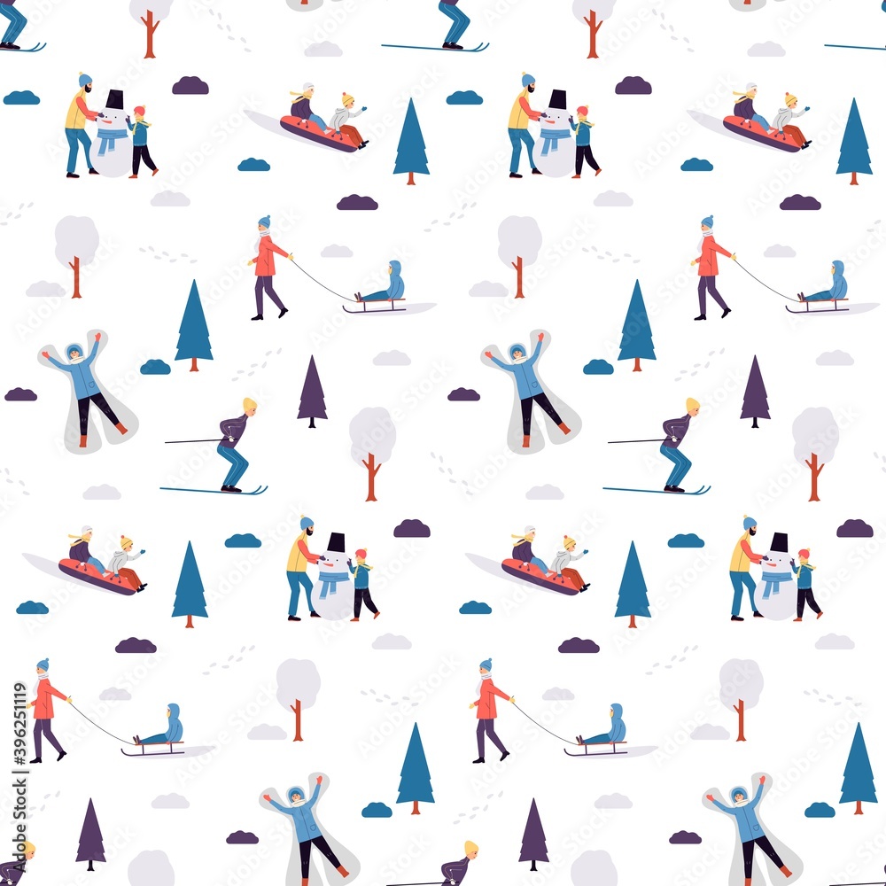 Seamless vector pattern of winter outdoor activity of people