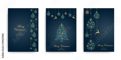 Pack of greeting cards with Christmas  ball  christmas tree and dear made from gold and turquoise snowflakes on dark background. Holiday pattern. Vector illustratio
