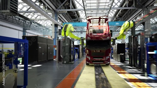 Assembly line production at the modern truck factory.