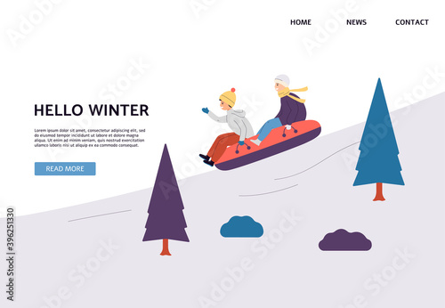 Winter background for website with children sledging flat vector illustration.