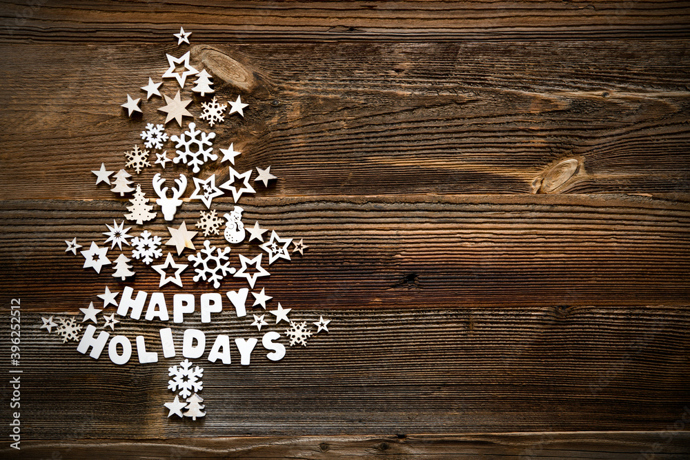 Φωτογραφία White Little Christmas Decoration Items Building Christmas Tree Including Word Merry Christmas