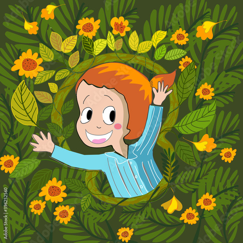 cute girl in Pajama smiles in botanic  nature frame with  flowers and leaves  in hand drawn cartoon style vector. can use for card , t-shirt ,print ,book