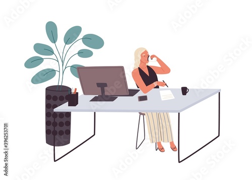 Young woman drinking coffee from a paper cup for staying awake at her workplace in morning. Female sitting at modern office desk with computer. Flat vector illustration isolated on white background