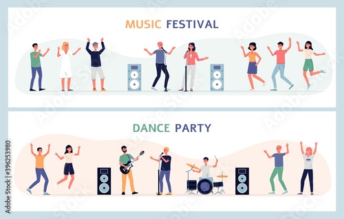 Set outdoor music festival and dance party banners, flat vector illustration.