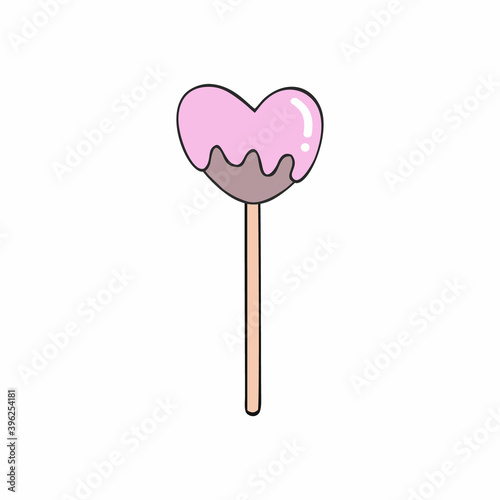Chocolate Lollipop in the shape of a heart with pink frosting. Vector image of sweet candies on a white background.