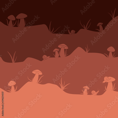 Vector background with mushrooms and snails. Colored illustration with isolated objects.