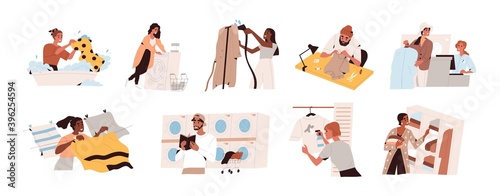 Collection of garment care scenes of cleaning, washing, laundrying, drying, spot removing, repairing and steaming clothing. Set of colorful flat vector illustrations isolated on white background