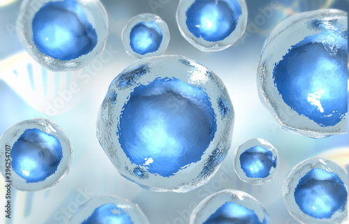 Human cells on blue background. 3d illustration.