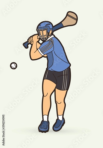 Hurling sport player action. Irish Hurley sport cartoon graphic vector.