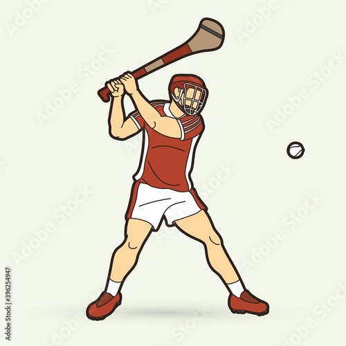 Hurling sport player action. Irish Hurley sport cartoon graphic vector.