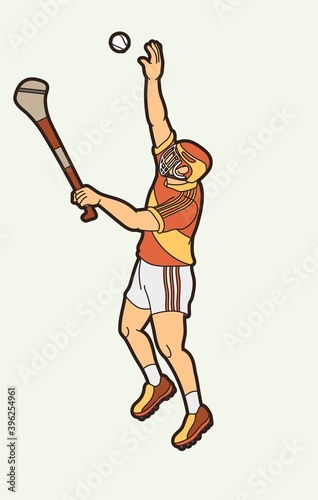 Hurling sport player action. Irish Hurley sport cartoon graphic vector.