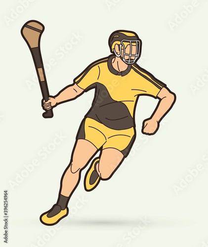 Hurling sport player action. Irish Hurley sport cartoon graphic vector.