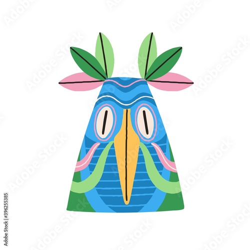 Ethnic tribal bird mask with huge eyes and beak. Traditional ritual symbol. Ancient african art. Flat vector illustration isolated on white background.