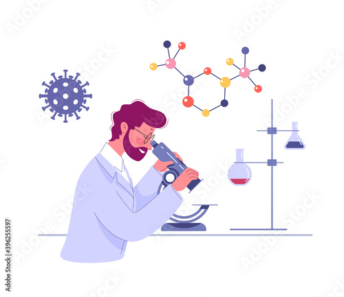 A doctor looks through a microscope in a laboratory and conducts a study.