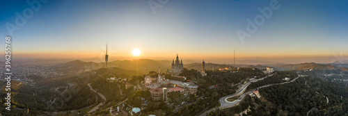 Photography panoramic aerial drone view of Sacred Heart Basilica on top of Tibidabo near Bar